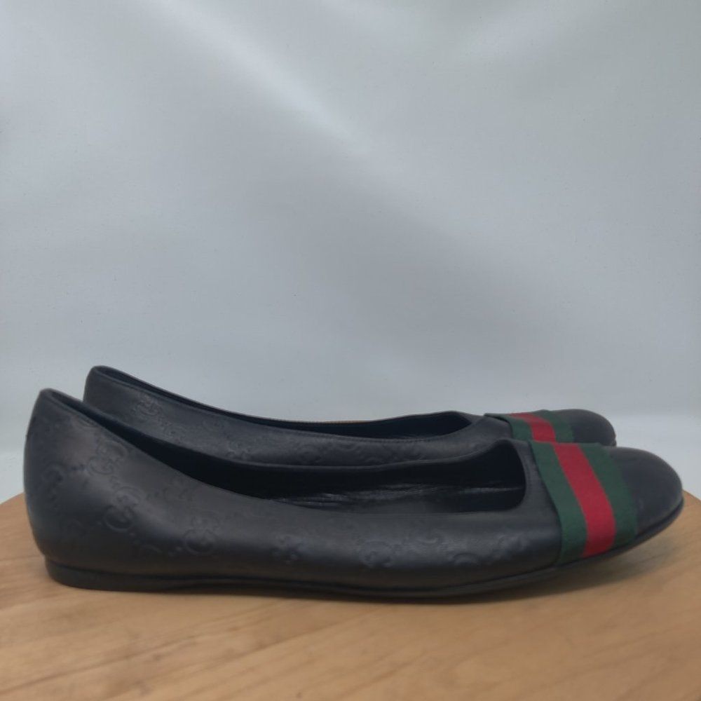 GUCCI ❤️💚 Guccissima Leather Web Stripe Ballet Flats Womens Size9.5 Blk 253315